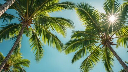 Sunny day scene featuring vibrant green palm tree foliage as wallpaper background