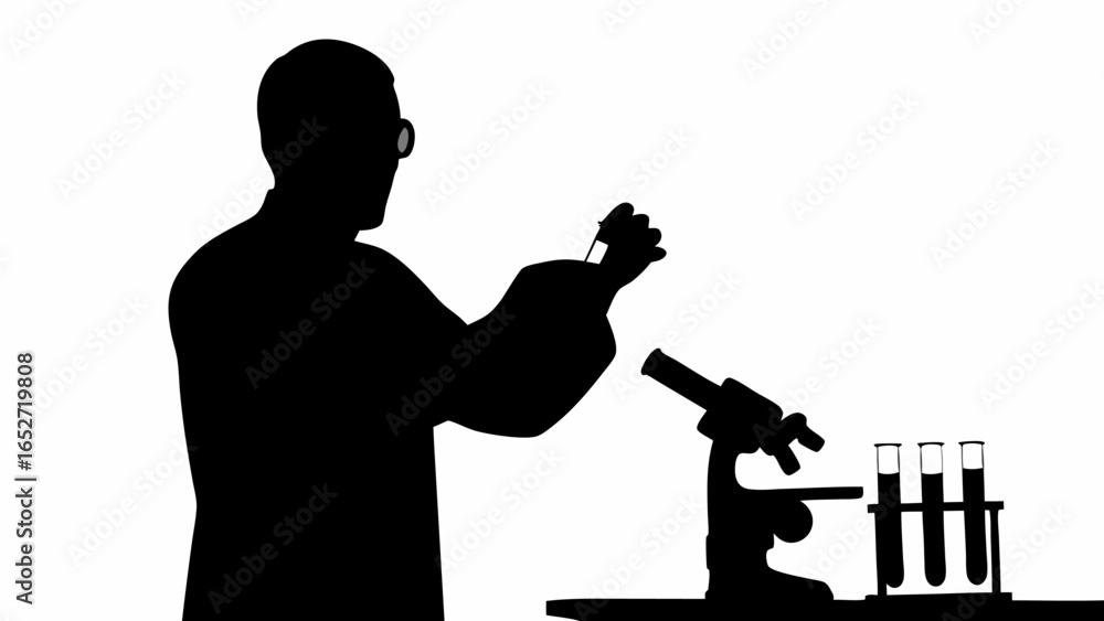 Poster silhouette of scientist working with test tubes and microscope in a laboratory setting analysis rese