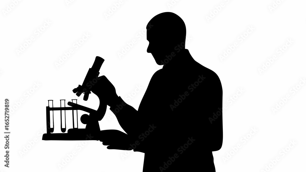 Poster silhouette of a scientist examining a microscope with test tubes in a laboratory setting for scienti