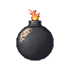 Pixel Art Explosive Bomb With Lit Fuse. Retro Gaming And Digital Art Design. Isolated On Transparent Background