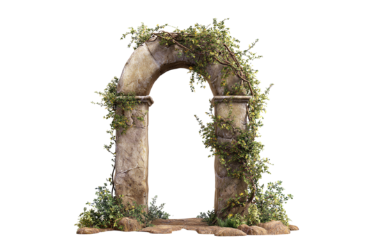 Ancient stone archway covered in green ivy isolated on transparent background