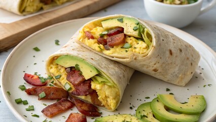 Breakfast burrito with avocado served on a plate, perfect for a morning meal in a cozy kitchen setting