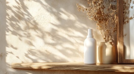 Sunlight shines on a minimalist shelf