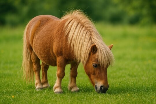 Miniature pony grazing in lush meadow