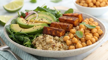Delicious plant based protein bowl featuring quinoa, tofu, avocado, and chickpeas for a healthy meal