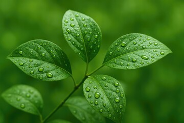 Fresh green leaves adorned with rain and set against a green background