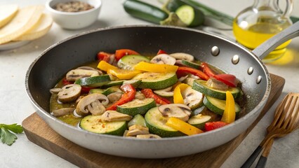 Saut&eacute;ing soft vegetables like zucchini and mushrooms in a skillet with colorful peppers in a modern kitchen