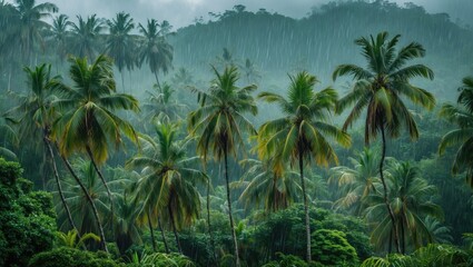 Obraz premium Heavy rainstorm sweeping through a tropical palm forest landscape