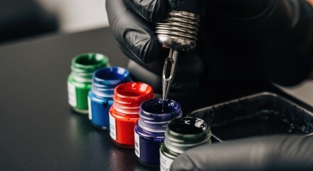 Close-up of tattoo artist filling a tattoo needle with ink from small containers.  Gloves and ink bottles in various colors are visible