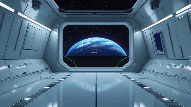 Futuristic spaceship interior corridor with large window showing view of Earth from outer space inside advanced modern sci fi space station