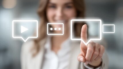 Businesswoman in office touching digital communication bubble with interface. - Powered by Adobe