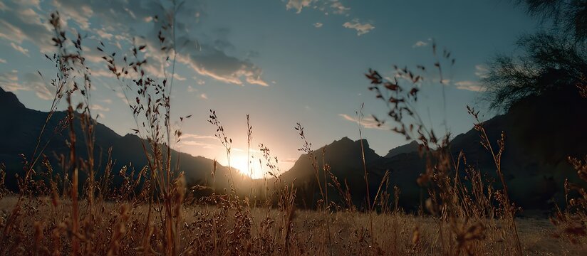 Sunset Over Mountains With Grassy Field