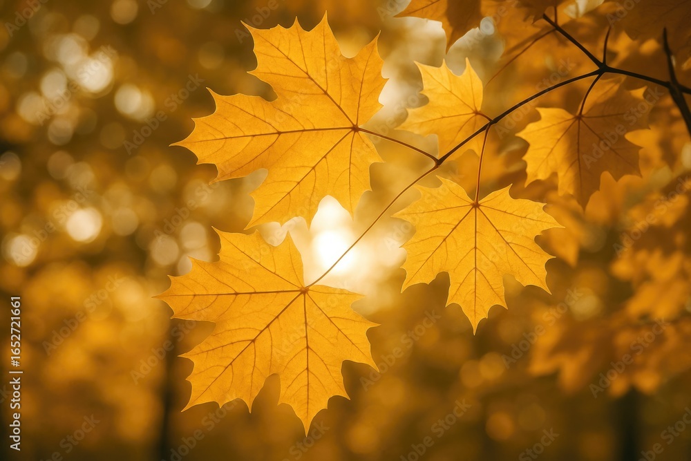 Poster close-up of norway maple foliage in fall, backlit by sunlight with a soft bokeh backdrop, using sele