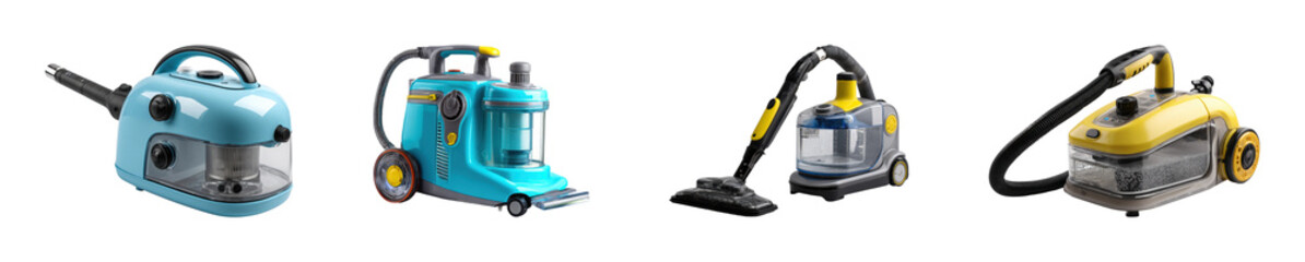 Fototapeta premium Innovative vacuum cleaner models home environment product showcase PNG set, cut out, isolated on transparent background