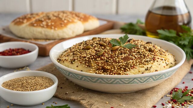 Freshly made Mediterranean bread topped with sesame seeds and cumin served with olive oil and spices