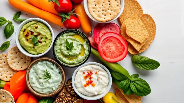 Vibrant assorted dips and fresh vegetables with creamy tzatziki transition