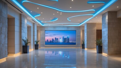 Modern hotel lobby with futuristic ceiling lighting and cityscape display