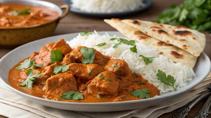 Fototapeta premium Traditional Indian butter chicken served with basmati rice and naan on a rustic wooden table