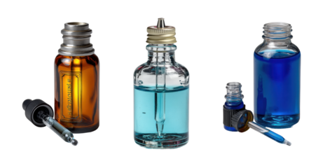 Pipette action laboratory glass bottles scientific environment PNG set, cut out, isolated on transparent background