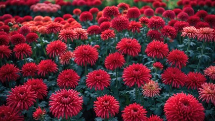 Bright red chrysanthemums are flourishing in full bloom