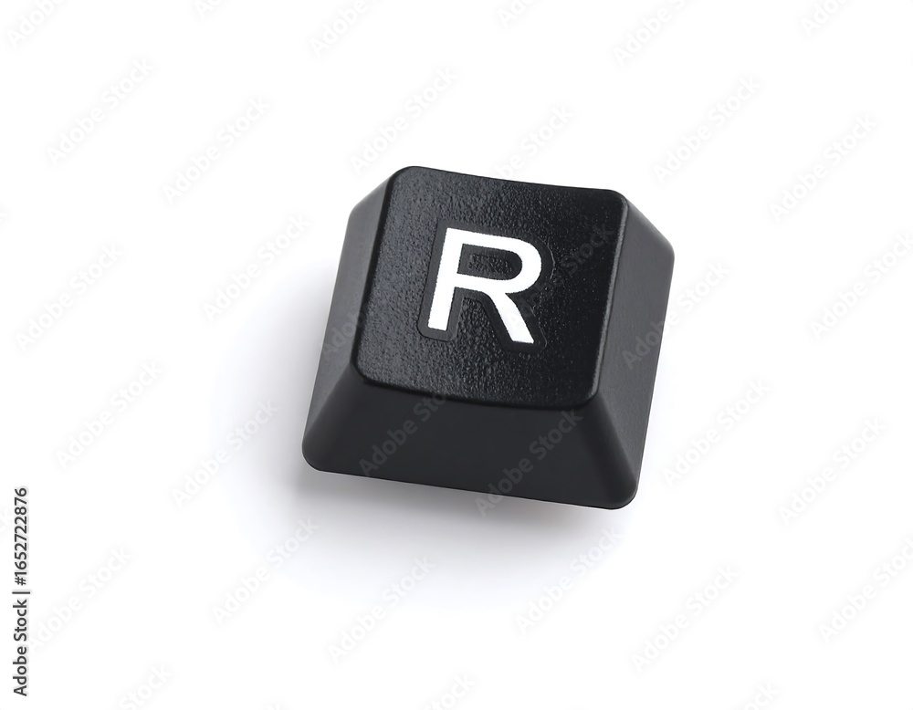 Poster isolated keyboard button displaying letter r symbol on a white surface studio shot
