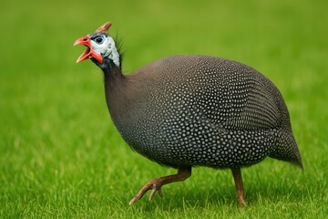 Fototapeta premium Bird known as guinea fowl wandering on vibrant grass and making noise