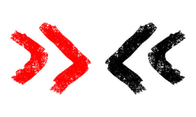 Black and red hand-drawn rewind and fast forward buttons png. Rough marker doodle isolated on...