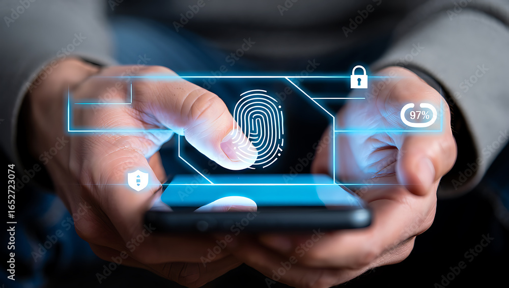 Poster fingerprint scan on smartphone screen technology security