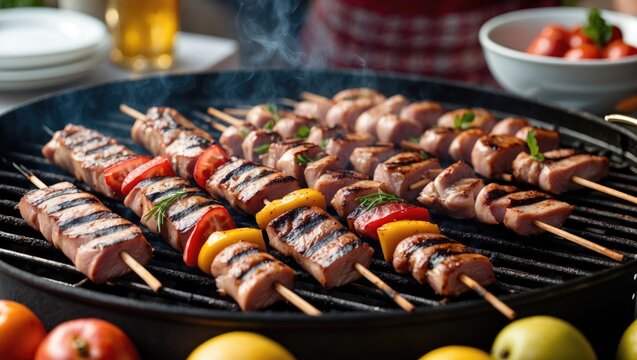 Preparing pork shashlik on a barbecue grill