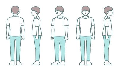 Set of male full-body illustrations in five angles: front, diagonal, right side, back, and left side. Only hair, pants, and outlines are colored.