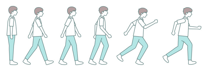 A set of human figure pictograms showing standing, walking (left foot forward, right foot forward), jogging, and running (left foot forward, right foot forward).