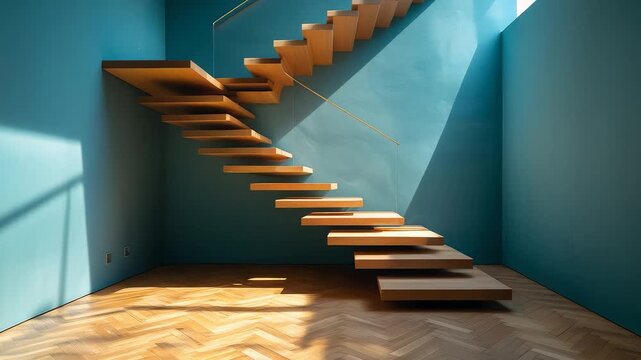 Minimal floating wooden staircase in modern interior with blue walls sunlight and parquet flooring creating stylish architectural design