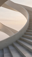 Fototapeta premium A surreal endless staircase spiraling upward into a pastel sky, simple clean architecture, soft lighting with no shadows