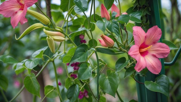 This plant, Jumka Bail, is a robust climber suited for structures like pergolas and trellises, thriving in warm, well-drained soil conditions.