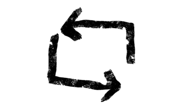 Black hand-drawn looping arrow PNG. Rough sketch in a square shape, isolated on a transparent background. Ideal for workflow diagrams and navigation.