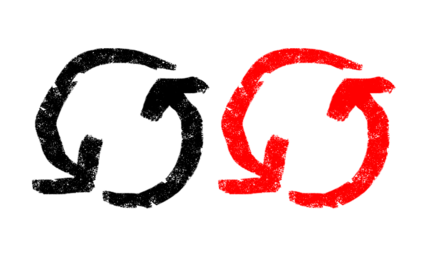 Hand-drawn black and red refresh arrows png. Circular doodle isolated on transparent background. Ideal for digital media, presentations, and creative projects.