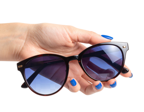  “Fashionable blue Almond Manicure in Modern Pose, isolated on transparent background”.