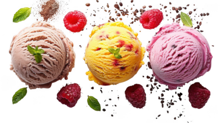 Set bundle of vibrant ice cream scoops with flavor cues transparent PNG isolated background. Matcha tea, mango, raspberry ripple flavors, tasty colorful summer presentation, flavour cue ingredients.