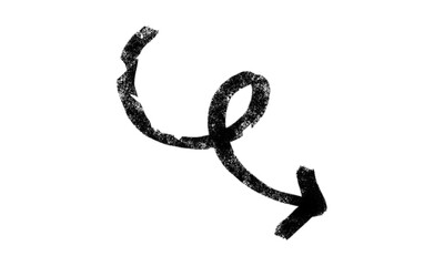 Hand-drawn black arrow PNG. Swirl and spiral sketch marker arrow isolated on a transparent background. Ideal for infographics, navigation, direction, and creative graphic design projects.