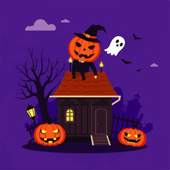 Spooky Halloween Night with Pumpkins and a Ghost on a Haunted House