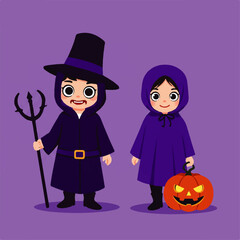 Adorable Children in Festive Halloween Costumes Ready for Trick-or-Treating Fun on a Vibrant Purple Background