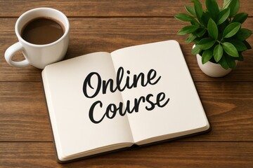 Online calligraphy course with a book, coffee cup, and greenery on a wooden table