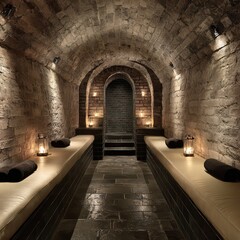Underground Spa Relaxation Room With Stone Walls And Lanterns