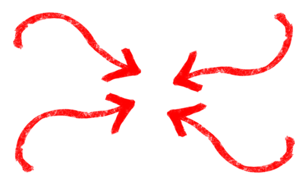 Hand-drawn red arrows PNG. Sketch marker arrows pointing inwards, isolated on a transparent background. Ideal for infographics, navigation, direction, and creative graphic design projects.