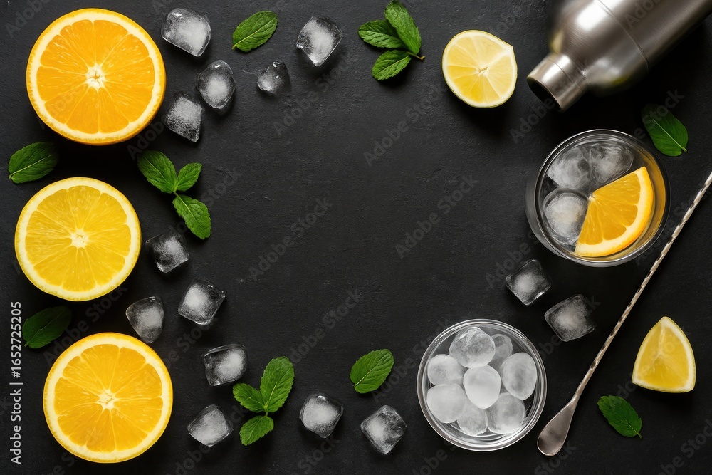 Poster ingredients for a citrus drink arranged on a black slate, featuring a top view and empty space for n