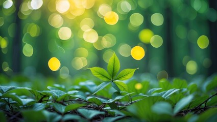 Obraz premium Soft-focus forest scene featuring lush green bokeh effects