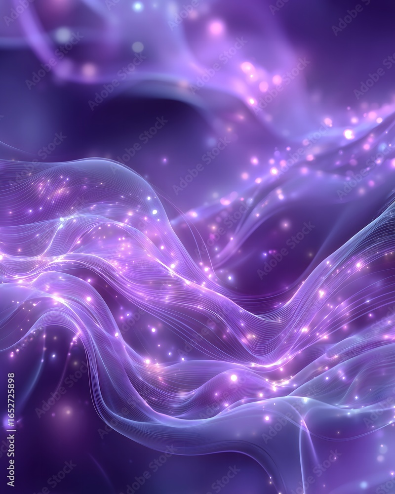 Aufkleber swirling neural glow particles in a soft purple gradient background with dreamy lighting and motion 