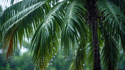 Fototapeta premium Heavy rainstorm in a tropical setting, where large water droplets streak across palm leaves, with some droplets hanging delicately