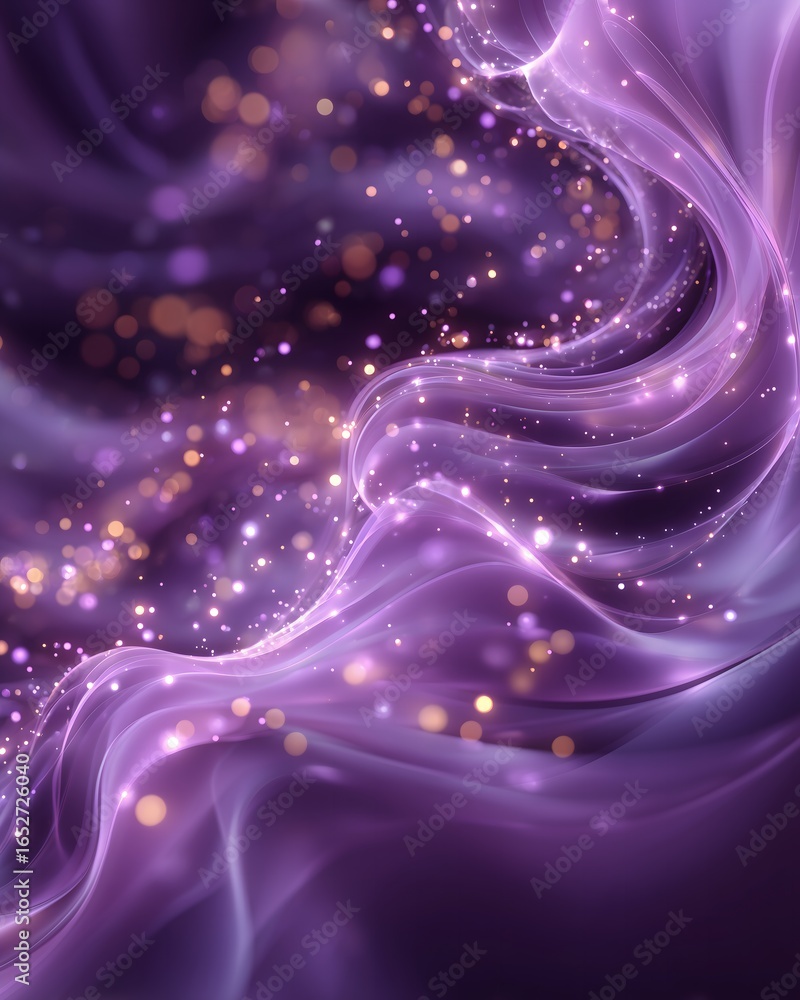 Poster swirling neural glow particles with tech energy motion effect on a soft purple gradient background, 