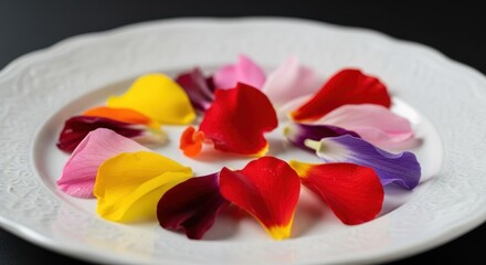 Colorful flower petals arranged on a white plate (1)